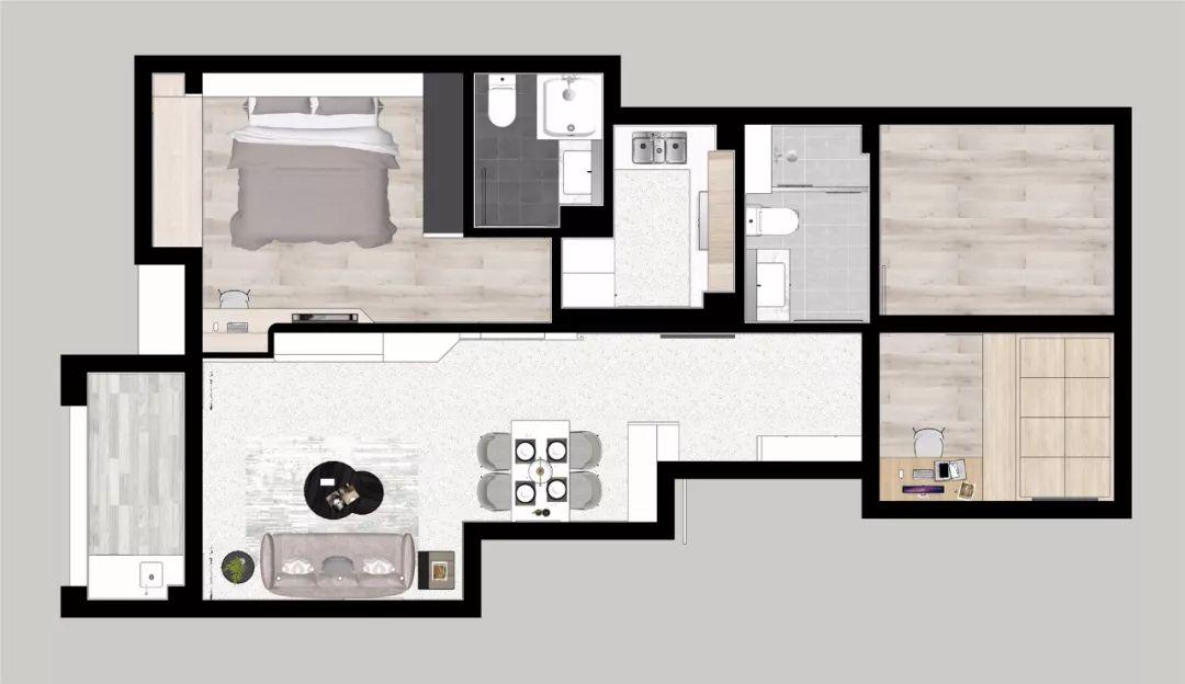 87平的简约风小户型三居室,客餐厅用水磨石地板真好看