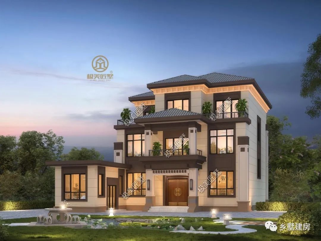 喜欢新中式别墅,不如这样建,有偏房设计,稳重大气接地气