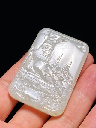 绿松石|清乾隆 和田玉籽料 脂白玉 踏雪寻梅 诗文牌 挂件 古香