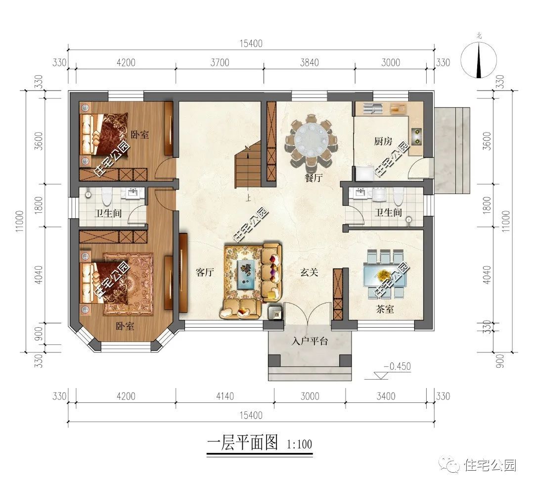 舒适卧室+双开门厨房+书房,15×11米二层简欧别墅,养老极佳选择