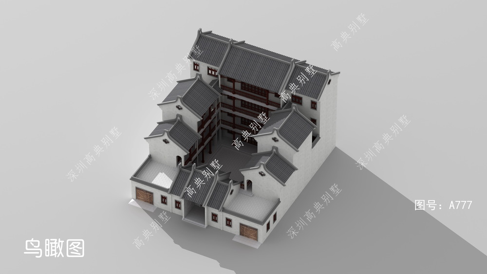 对称设计的三合院,双车库双露台,还原中式传统建筑