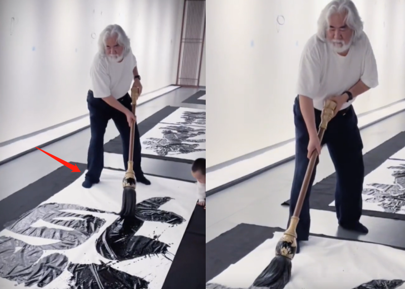 张纪中|71岁张纪中光脚写书法,手中毛笔大小堪比拖把,儿子身上甩满墨点