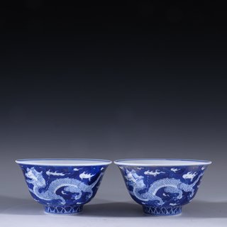 |回流 青花双龙杯一对