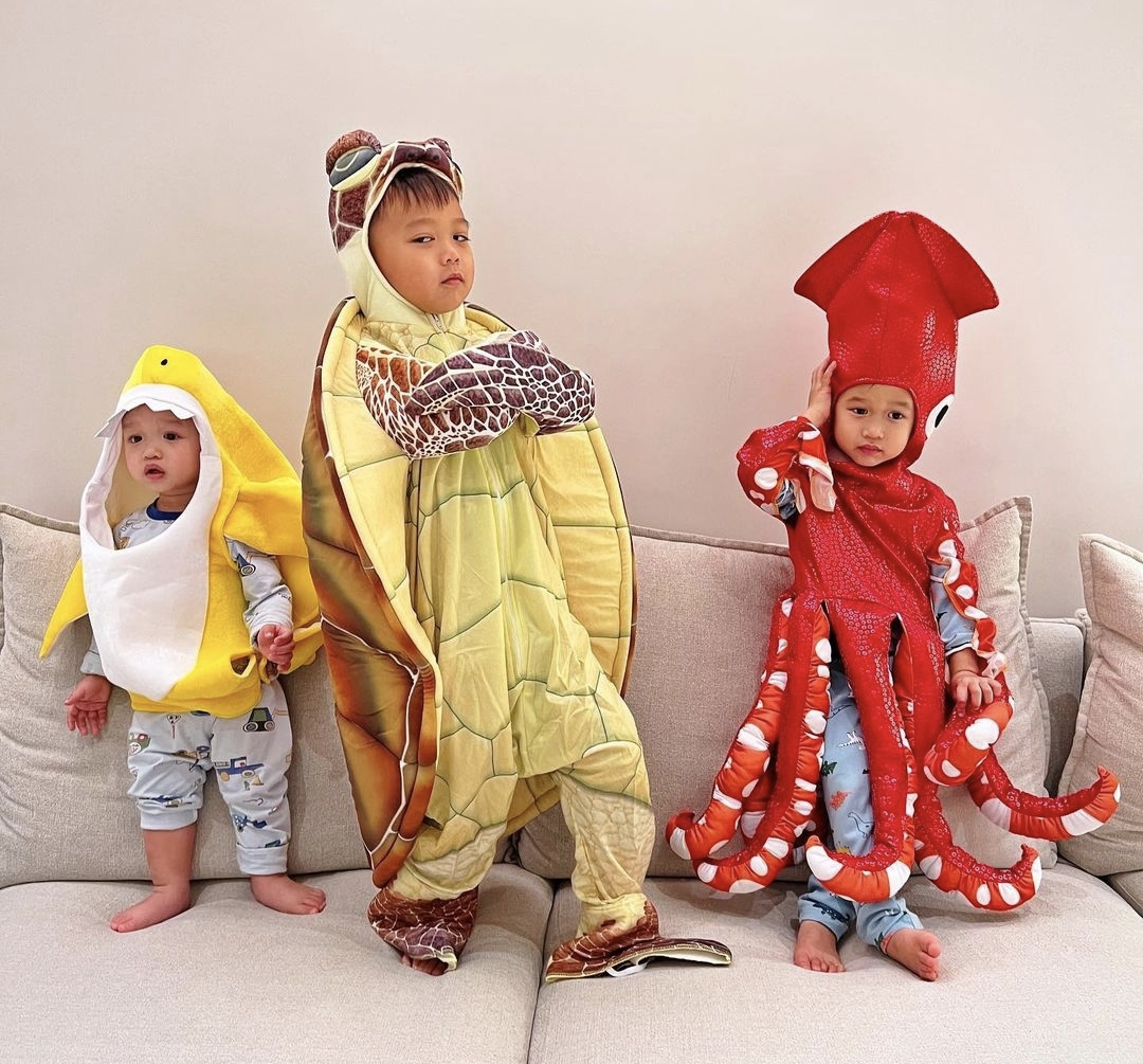胡杏儿|胡杏儿儿子们过万圣节，三兄弟造型可爱，老大表情丰富萌态百出