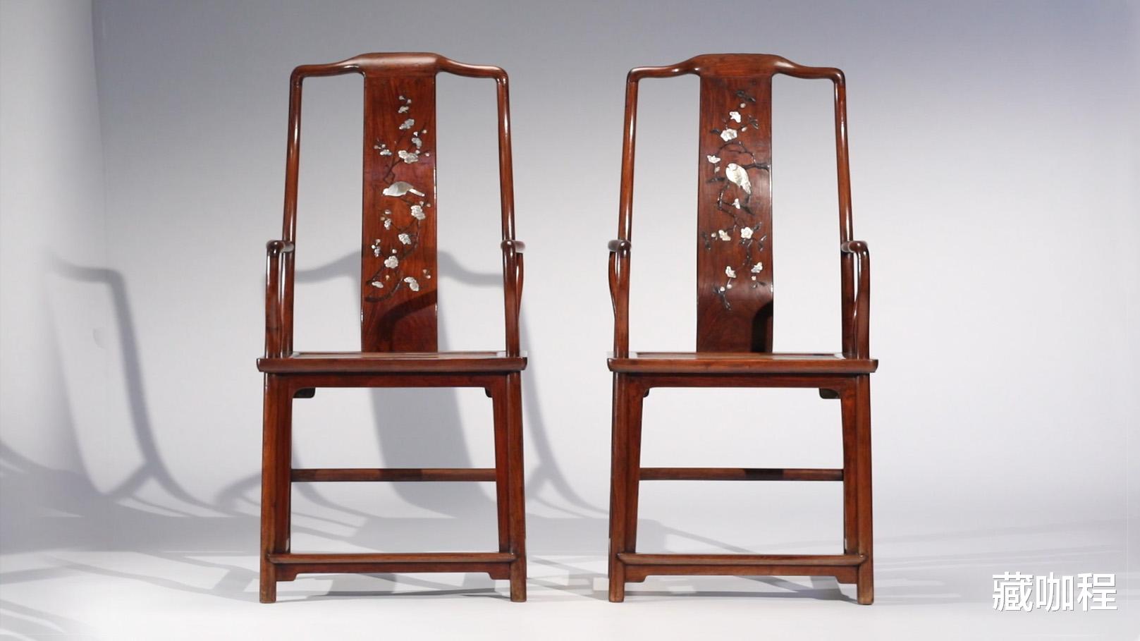 |名副其实高靠背,明黄花梨南官帽椅成对嵌百宝