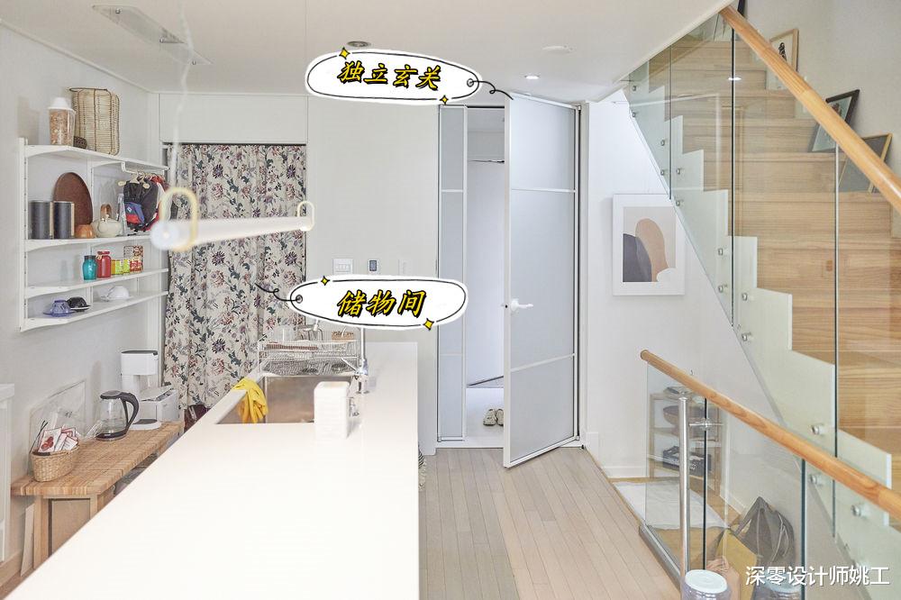 小夫妻100㎡loft,入户玄关一半划入厨房做储物间用,面积小大有作为