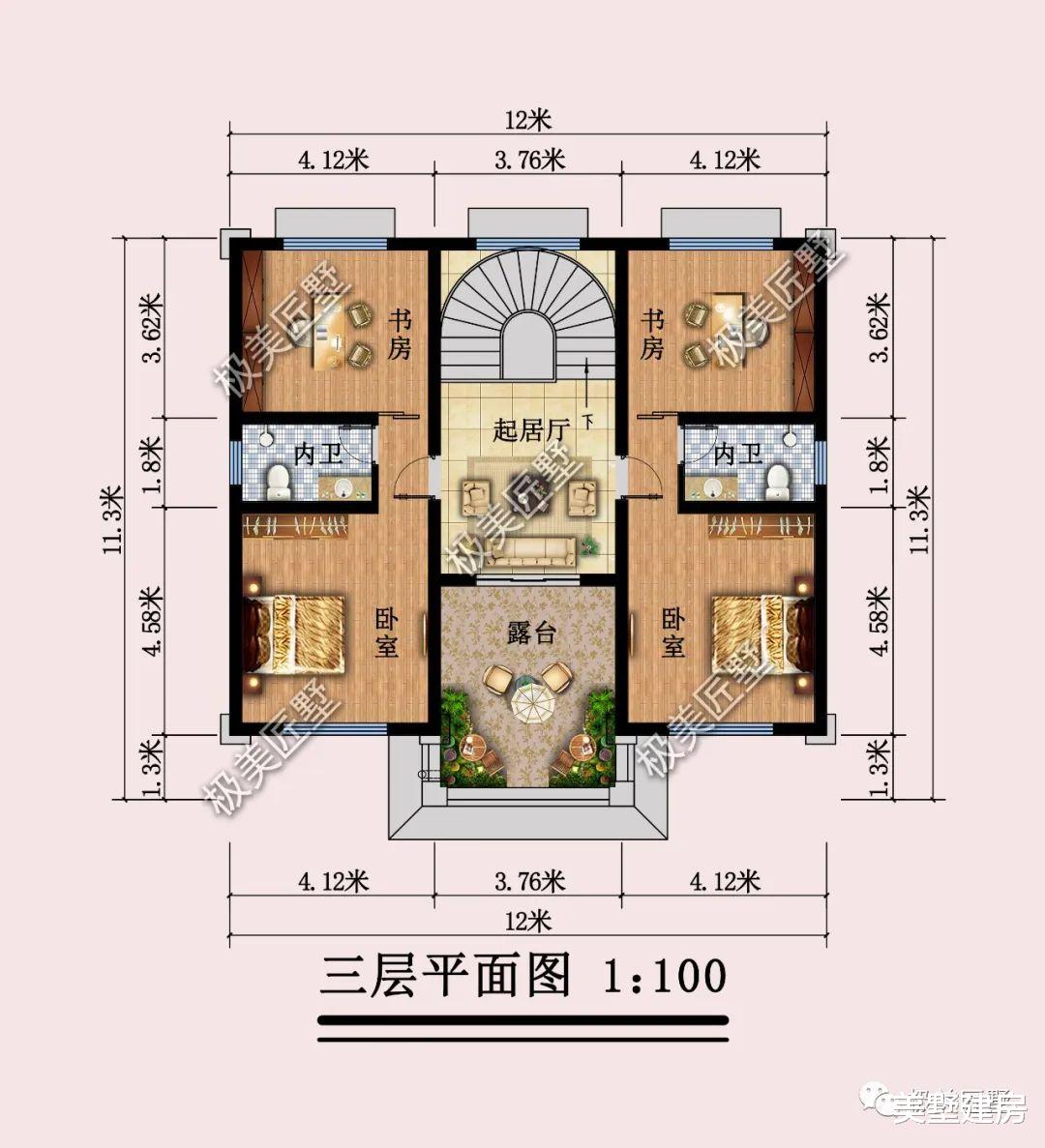 三侧开门的三层坡顶简欧风，这一款造型精美，布局舒适