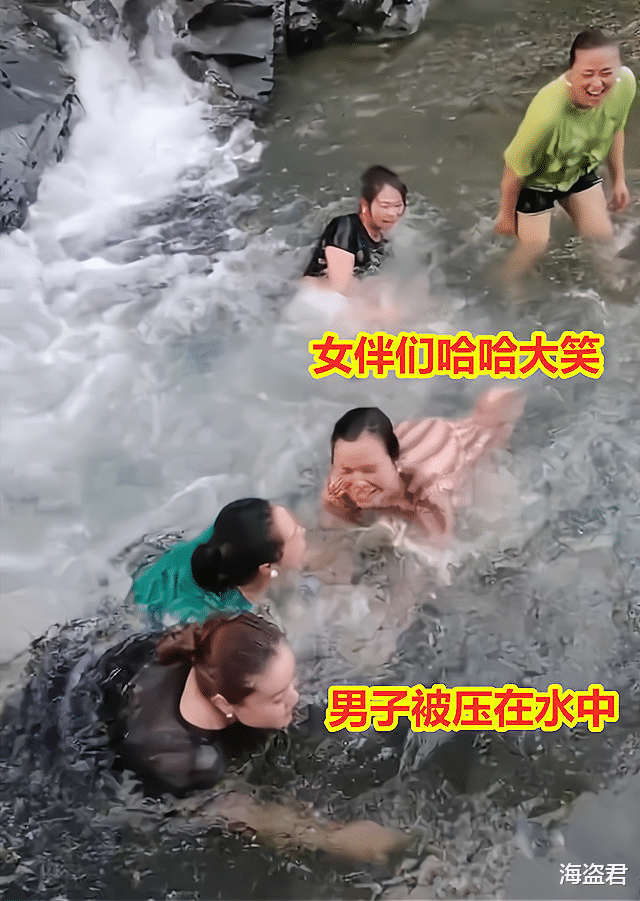 男子和5个女伴戏水遭围攻,想跑被飞扑压水中,网友:拍盘丝洞呢