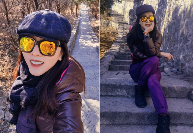 粉色|央视李思思河边踏春！戴金耳环别鲜花太娇美，裹黑棉袄打扮低调