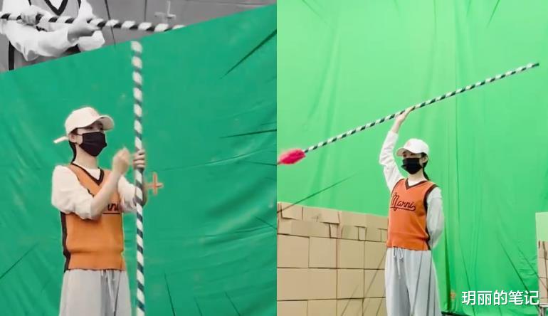 赵丽颖|赵丽颖片场练武太霸气！单手挥长棍力气巨大，跪地上拉伸不嫌脏乱