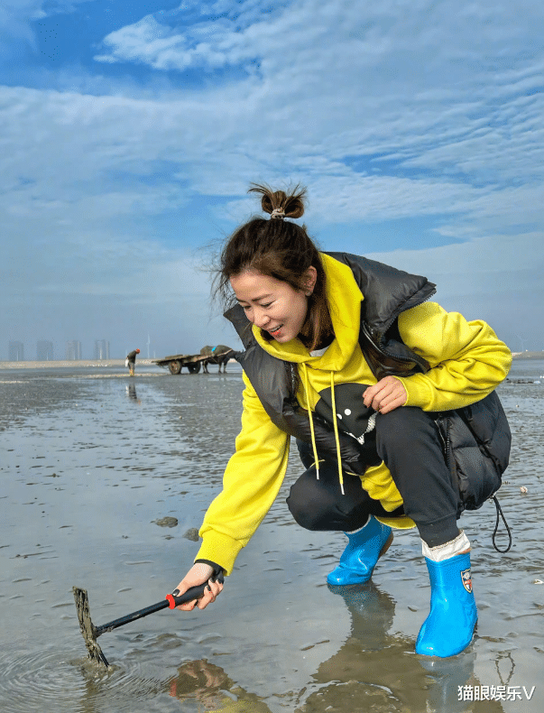 赶海|佘诗曼坐牛车赶海!在滩涂上挖东西太开心,绑丸子头宛如少女