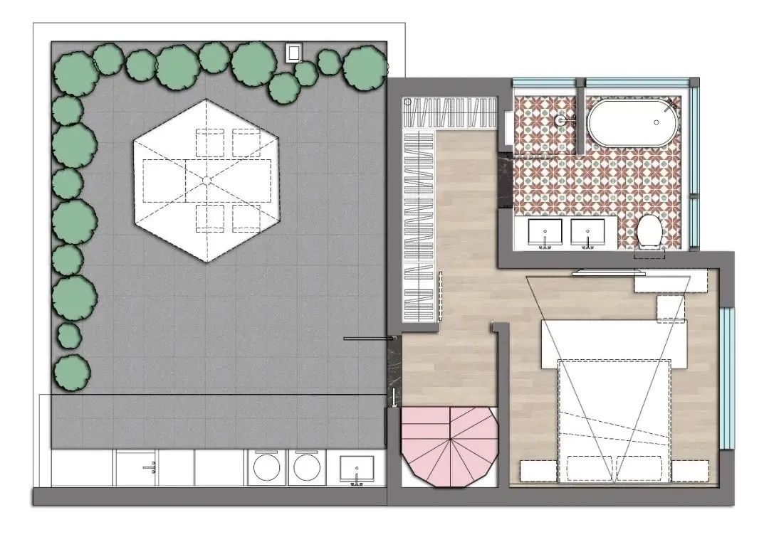 170㎡顶跃复式宅,「勃艮第红+蓝粉」分色,优雅又时髦!