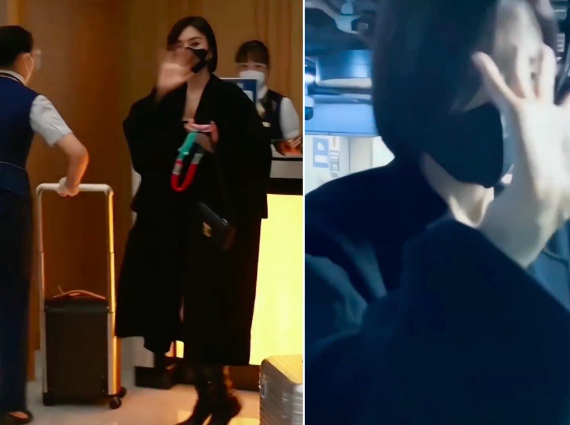 秦岚|秦岚穿吊带短裙走机场!不断扯胸口领子防走光,差点被行李箱绊倒