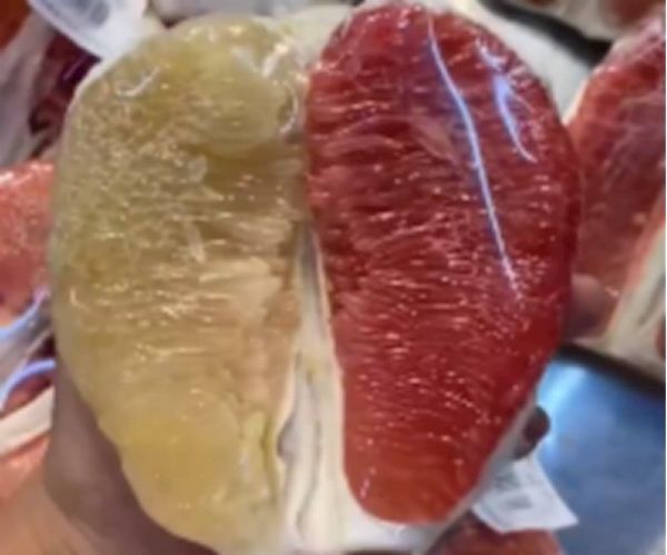 安徽合肥一男生买到了双色柚子,一半白,一半红。