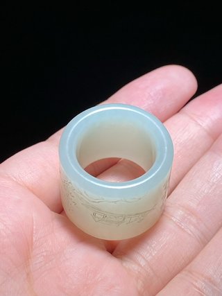 |清中期 和田玉籽料 白玉 渔乐图 诗文扳指 把件