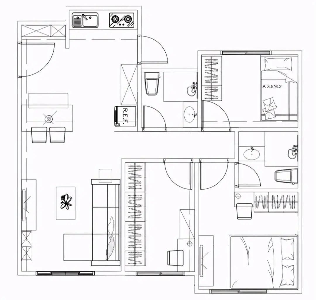 72㎡小户型也能做3房2卫，简约风格设计真温馨，虽然有些挤却特别实用