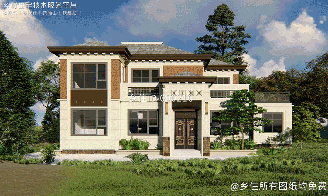 土建造价参考50.3万,面宽17.1m×进深11.7m 二层新中式风格别墅