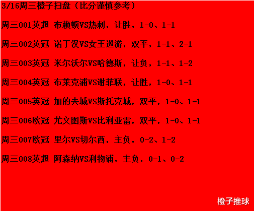切尔西|3/16周三竞彩：米尔沃尔VS哈德斯、里尔VS切尔西；附8场扫盘参考