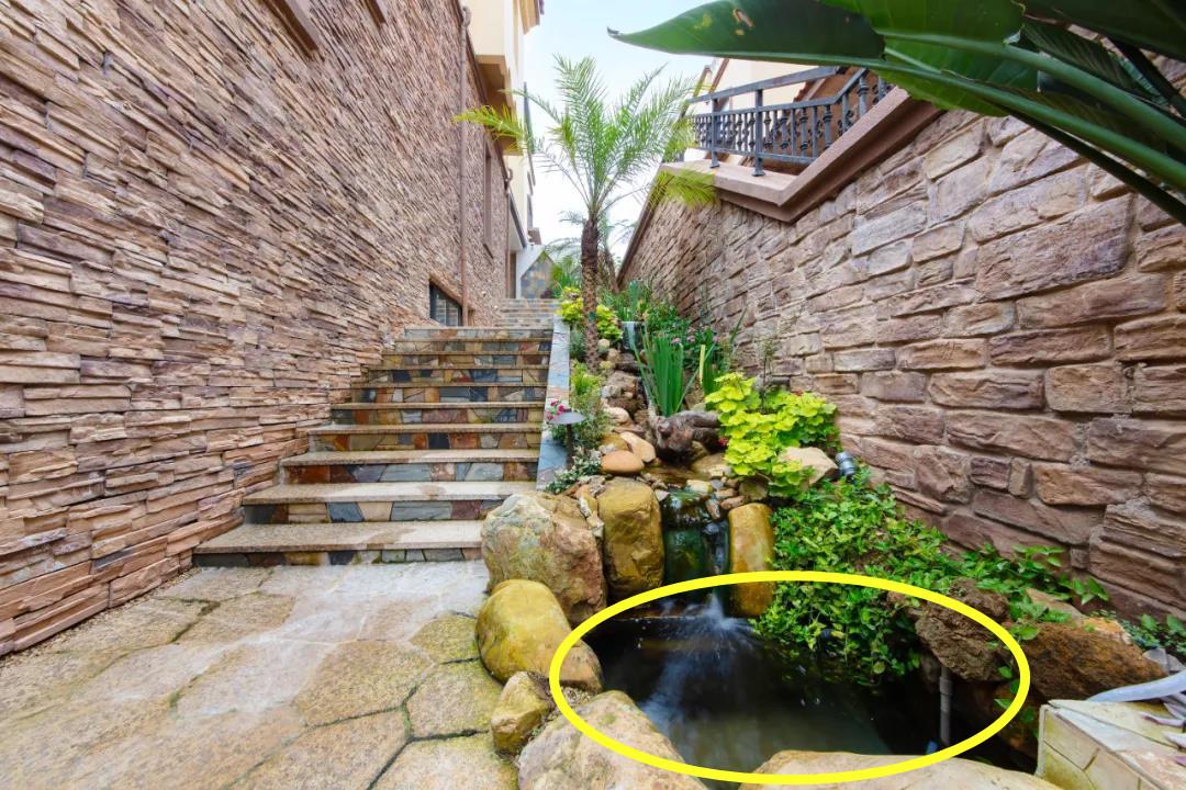 懂生活的人会把庭院错层设计,砌楼梯花坛下面养鱼,入户水景潺潺