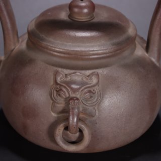 |旧藏-彭文忠款紫砂兽面纹活环提梁壶