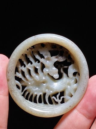 和田玉籽料|元 和田玉籽料 白玉受沁 丹凤朝阳 圆嵌饰 瓦子