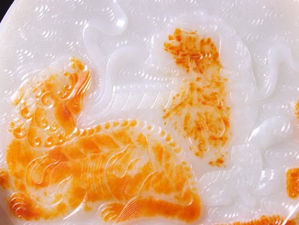 |清 和田玉籽料雕双狮诗文玉屏。