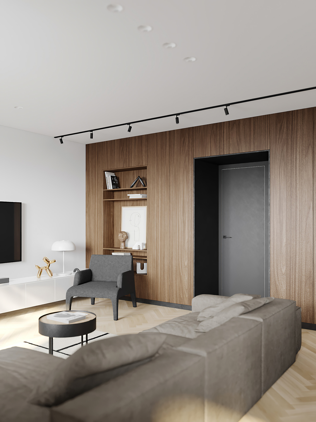 78㎡现代公寓一体式壁面覆盖壁龛形成视觉上的连续