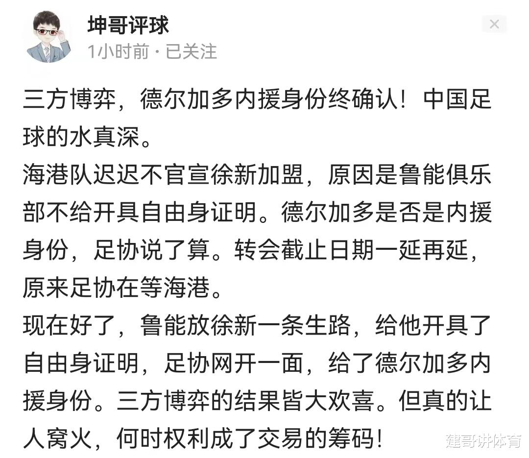 徐新|感谢徐新！涉及德尔加多！媒体人：鲁能、海港、徐新三方共赢