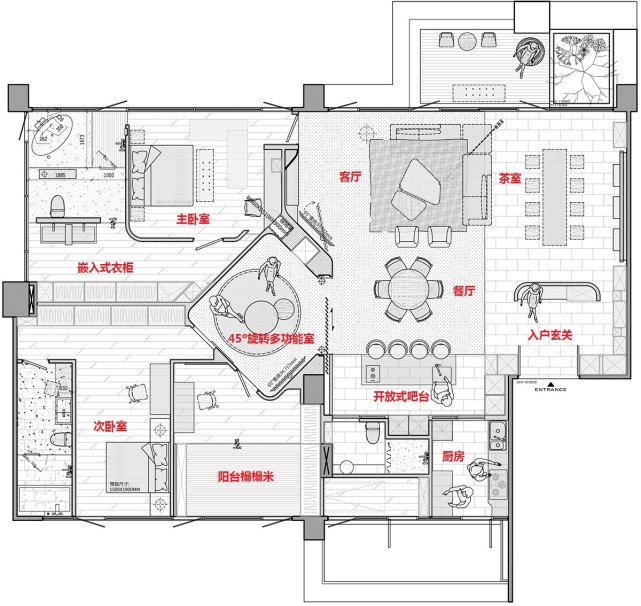 “去客厅化”的另一种设计,把客厅旋转45°后,简直不要太爽