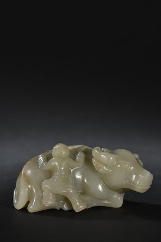 |清代 和田玉童子戏牛摆件