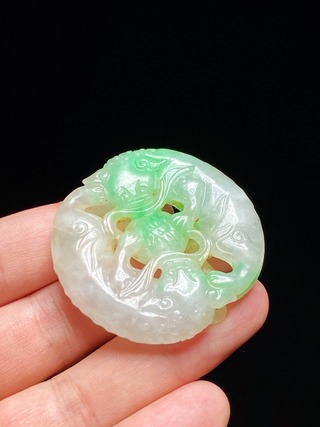 翡翠|清 老坑翡翠 飘绿 双狮戏球 挂件 把件