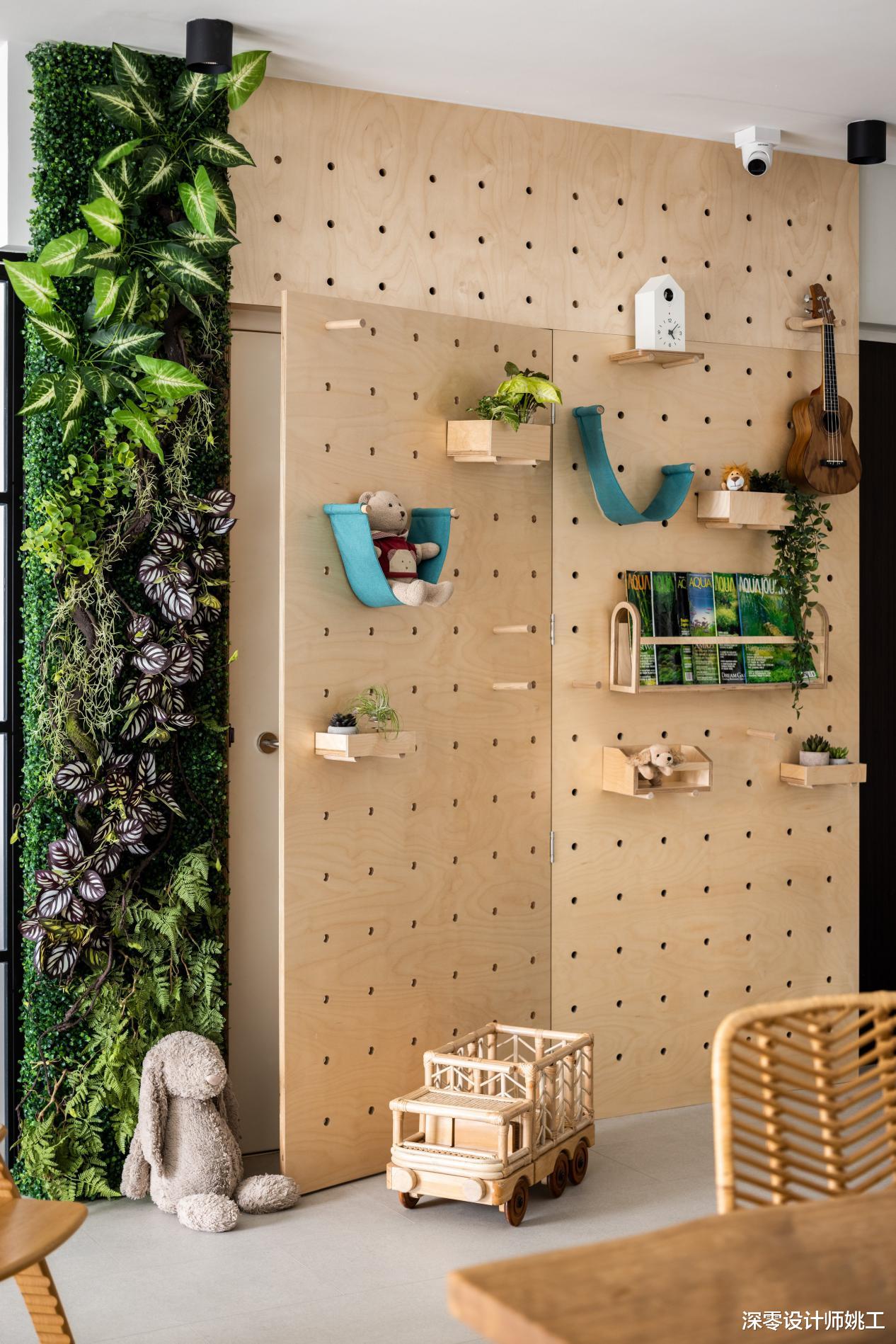 他家客餐结合,主卧藤编柜门颜值高,儿童房洞洞板上墙灵活性好