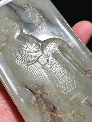 和田玉籽料|宋 和田玉籽料 留矦张文成 玉雕 道人纹 玉带板 铊尾