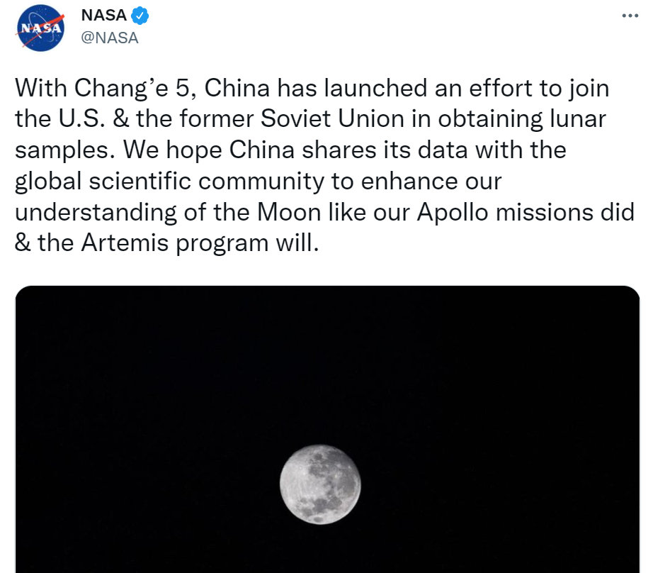 NASA局长建议:中国要分享嫦娥五号月球样品,就像阿波罗那样