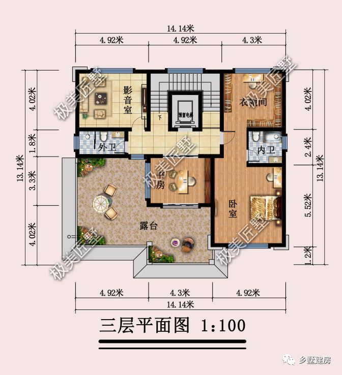 厨房设偏房,20.64X16.24米三层新中式,坐看庭前花开花落