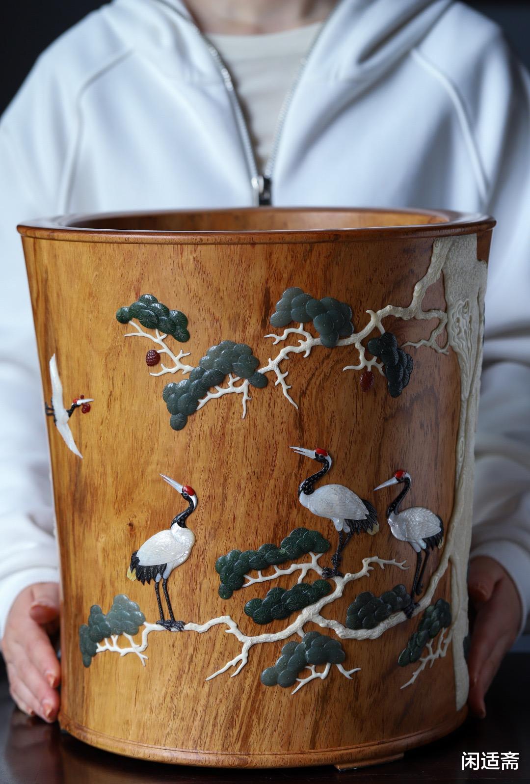 笔筒|文房案头珍藏重器,特大号黄花梨,百宝嵌松鹤笔筒