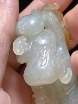 翡翠|清乾隆 老坑翡翠 黄翡俏色 双童子持如意戏金蟾 把件摆件挂件