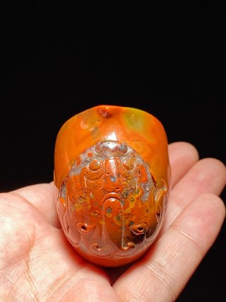 玛瑙|苏作 红缟玛瑙 兽面纹 兽首杯