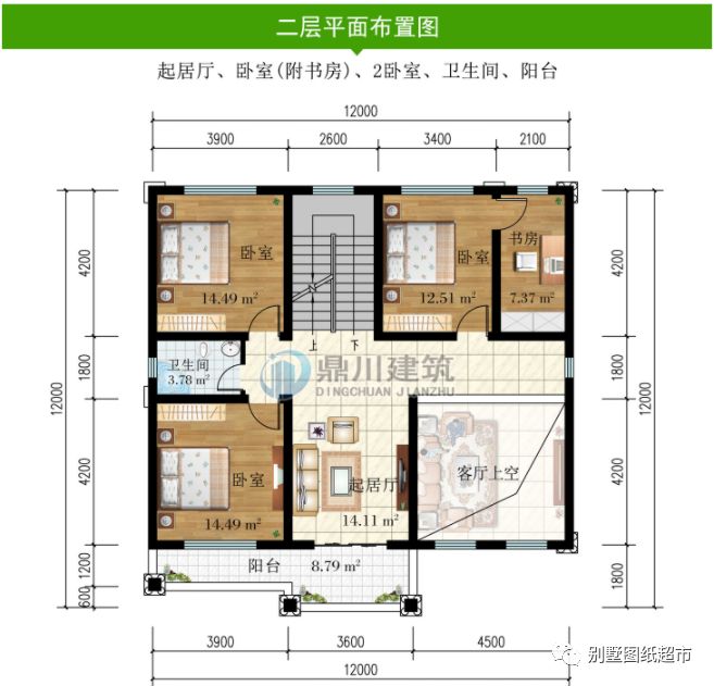三层平屋顶别墅,12米×12米,挑空客厅设计,漂亮实用户型