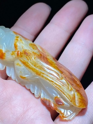 原创|清 和田玉籽料留皮 叶形 玉卧人