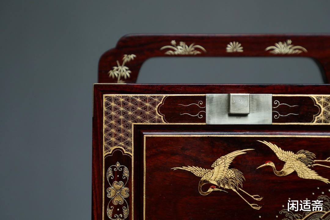小叶紫檀|鹤品官高,小叶紫檀,描金手提箱