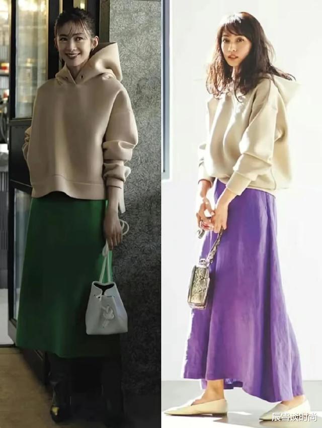 这才是“卫衣”的正确打开方式,搭过膝长裙,休闲随性却不失优雅