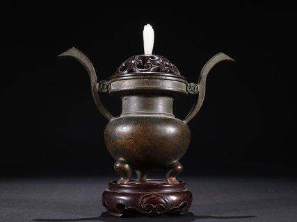 紫檀|晚清【老铜制 紫檀镶和田玉 香薰炉】