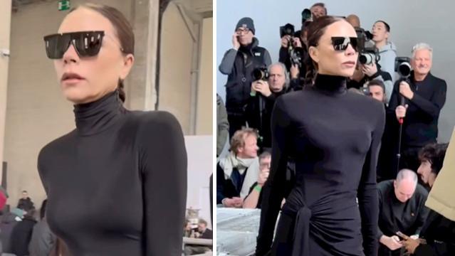 维多利亚·贝克汉姆|48岁贝嫂高调看秀，裹紧身连体裙，气场一米八！腰肢盈盈一握