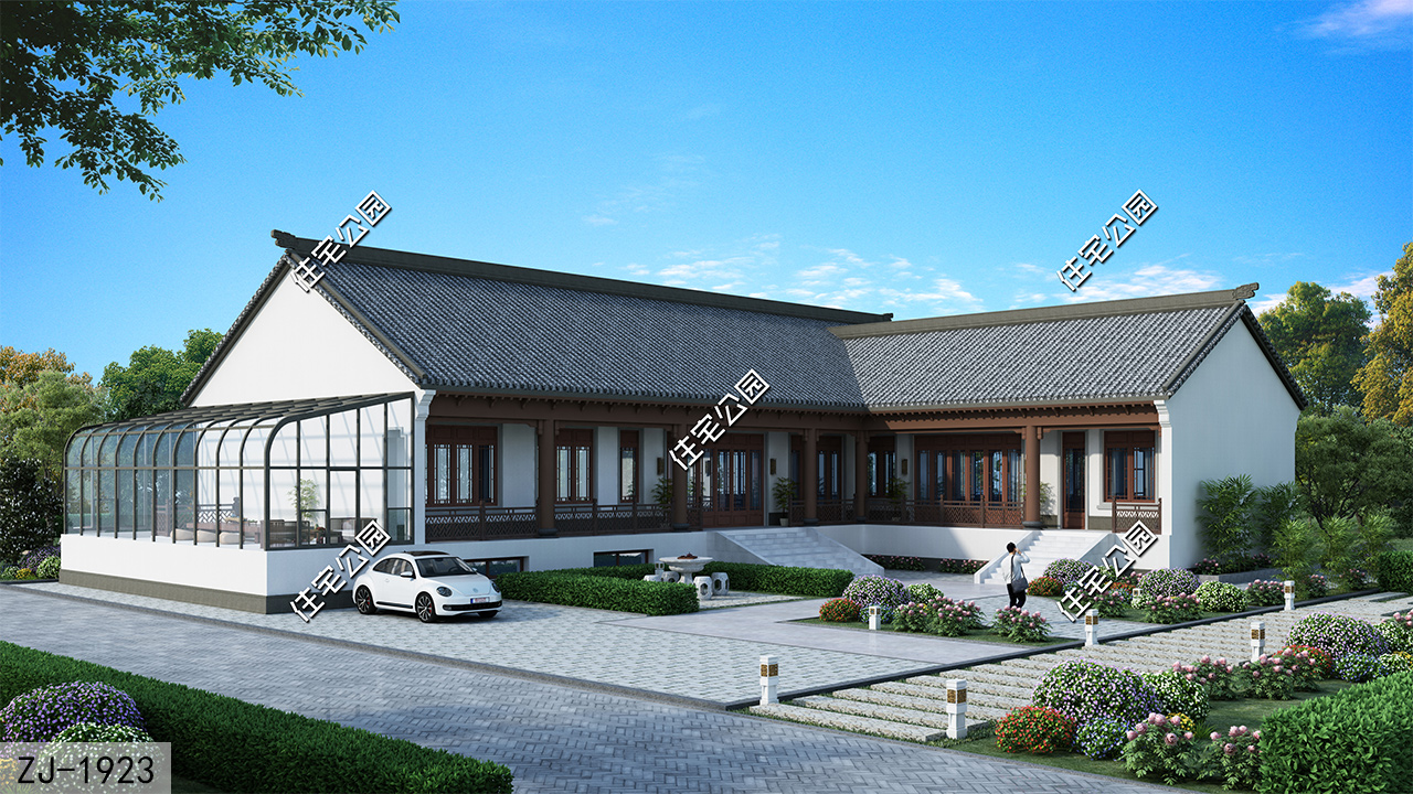 香槟|12米客厅+中堂+地下室+阳光房，32×24米一层中式小院，功能俱全