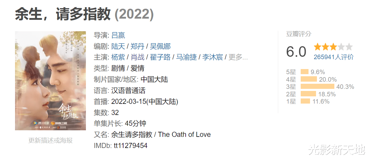 肖战|《余生，请多指教》豆瓣开分6.0，平台疑锁分，肖战作品平均分仅5.3