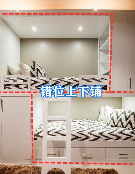 传统上下铺已经淘汰,如今流行错位式设计,互不打扰实现双柜收纳