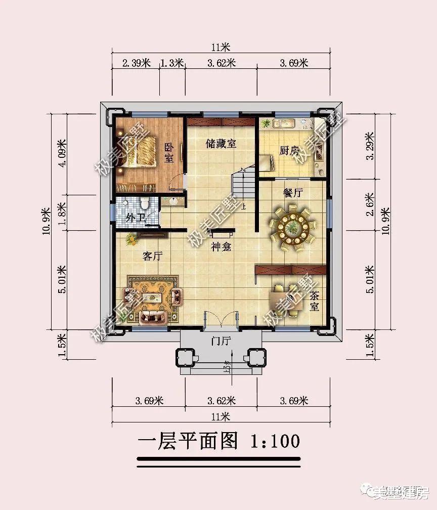 三层新中式农村别墅，11X10.9米，绝对符合你的审美