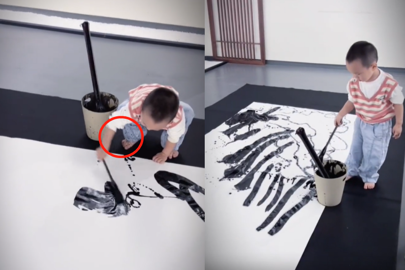 张纪中|71岁张纪中光脚写书法,手中毛笔大小堪比拖把,儿子身上甩满墨点