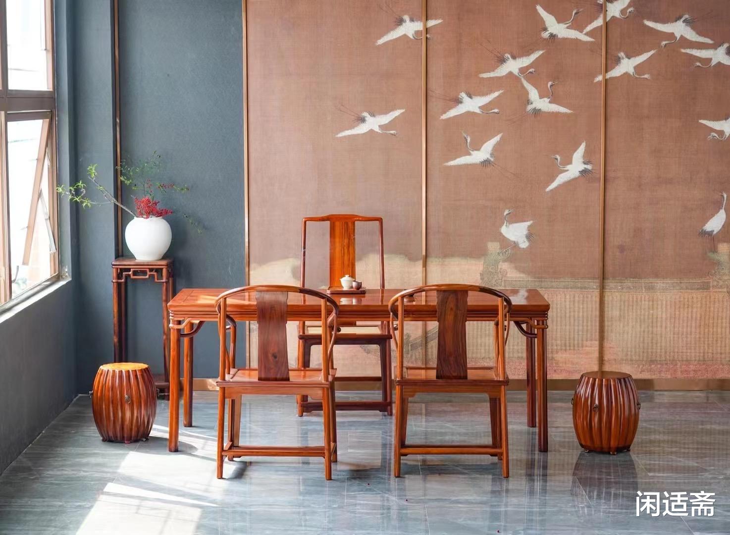 明式经典家具，妙仿竹纹，白酸枝，裹腿高罗锅枨大画桌